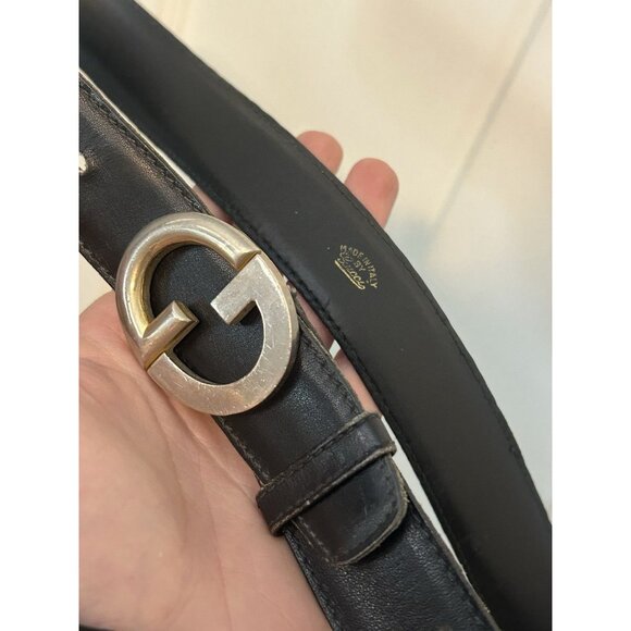Gucci Vintage Two Tone GG Logo Black Leather Belt Gold Silver Buckle Size 85 cm main image 10